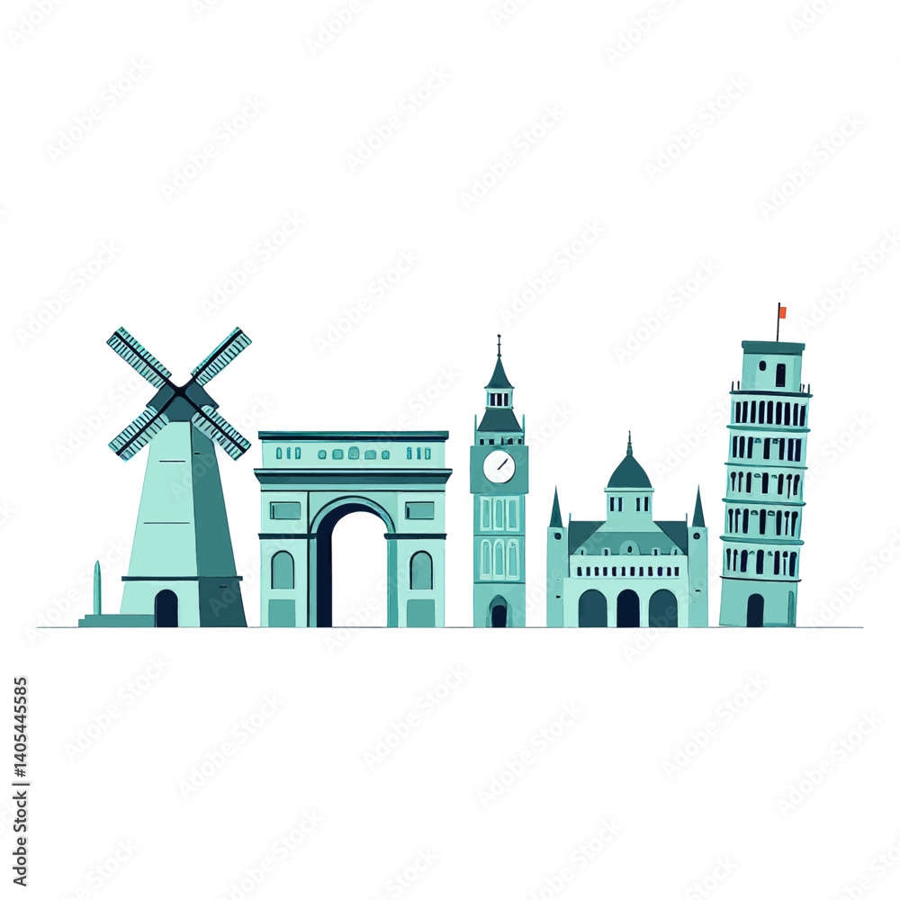 Obraz premium European Landmarks in Teal Silhouette Style