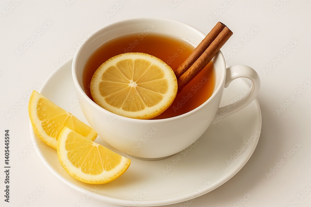 Cup of lemon tea with cinnamon stick and lemon slices on white background Cup of lemon tea with cinnamon stick and lemon slices on white background