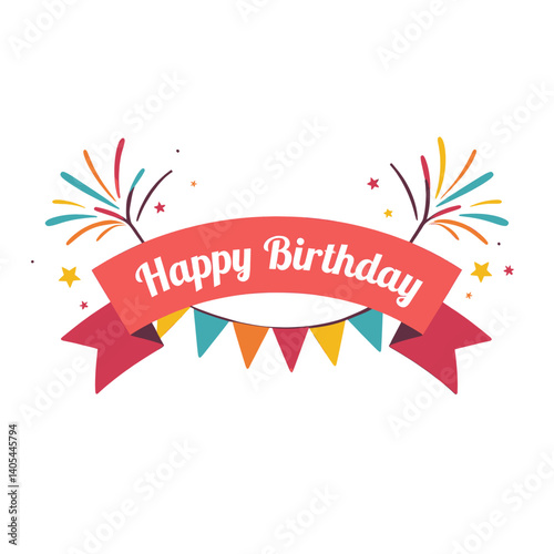 Festive Happy Birthday Banner with Pennants and Fireworks