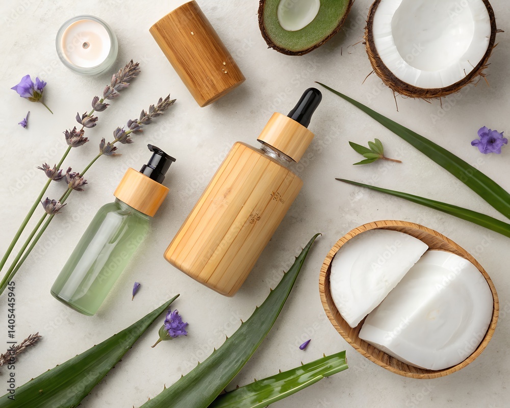 A flat lay composition featuring natural skincare products and botanical elements on a textured surface. A flat lay composition featuring natural skincare products and botanical elements on a textured surface.