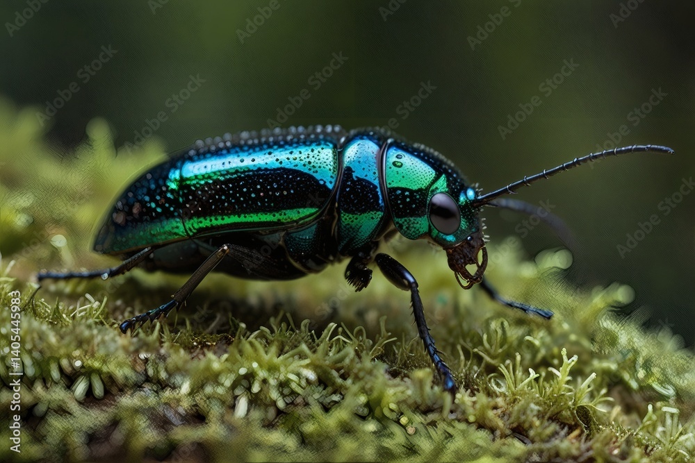 Fototapeta premium Vibrant Jewel Scarab Beetle on Moss - Close-up Macro Photography