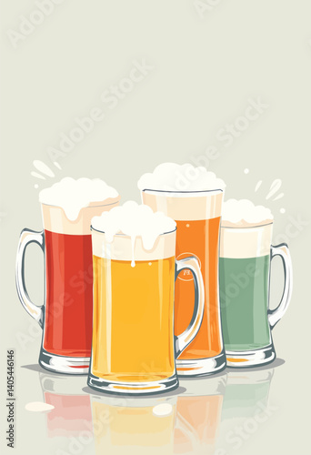 Four Colorful Beer Mugs with Foam Topping