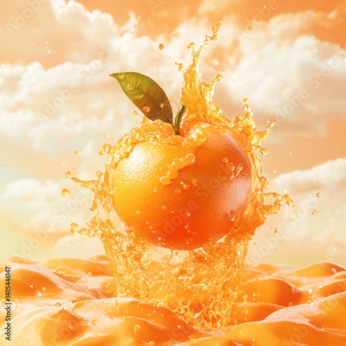 Fresh orange splashing into orange juice with cloudy sky background