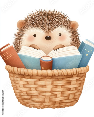 Little Hedgehogs With Book Cute hedgehog in a basket with books hedgehog reading print.
