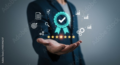 Business Person Holding a Quality Assurance Badge with Stars and Business Icons