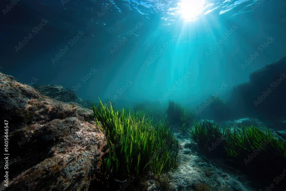 Underwater scenery in the Atlantic Ocean off the coast of Galicia, Spain, featuring vibrant algae thriving on the ocean floor under natural sunlight. Underwater scenery in the Atlantic Ocean off the coast of Galicia, Spain, featuring vibrant algae thriving on the ocean floor under natural sunlight.