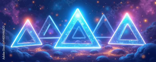 Glowing Blue Triangles in a Nebula Landscape