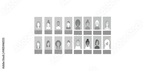 Print  Collection Of Twelve Monochrome Face Placeholders In A Grid Layout. Vector Diverse People Avatars, Social Media Profiles