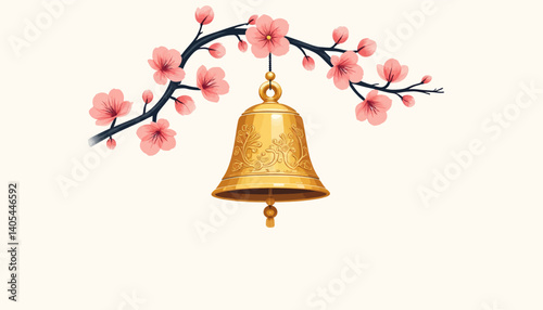 Golden bell hangs from cherry blossom branch