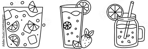 Refreshing lemonade drinks with ice and fruit garnishes create vibrant summer vibe. Enjoy coolness and flavor