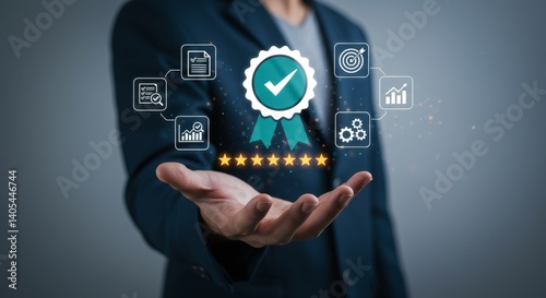Business Person Holding a Quality Assurance Badge with Stars and Business Icons