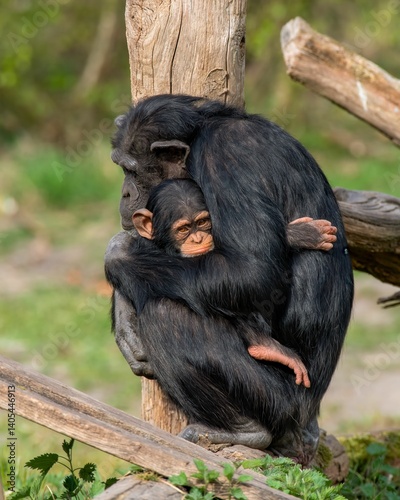 Fototapeta Naklejka Na Ścianę i Meble -  Chimpanzee mother and baby embrace in nature.