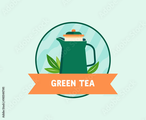Green Tea Pot with Leaves and Ribbon Badge