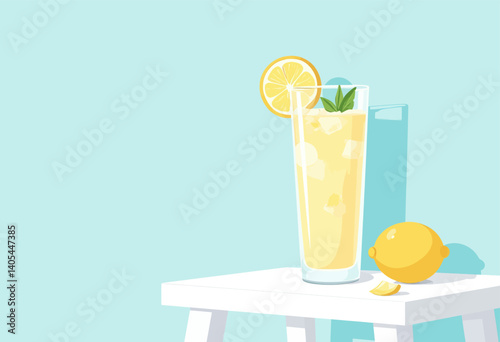 Iced Lemonade on White Table with Blue Background