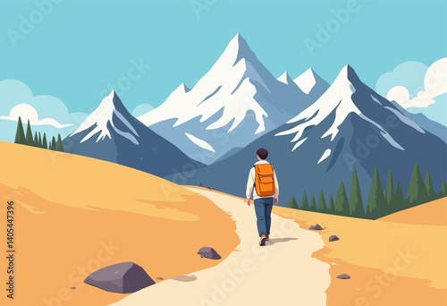 Hiker with Orange Backpack Mountain Vista View