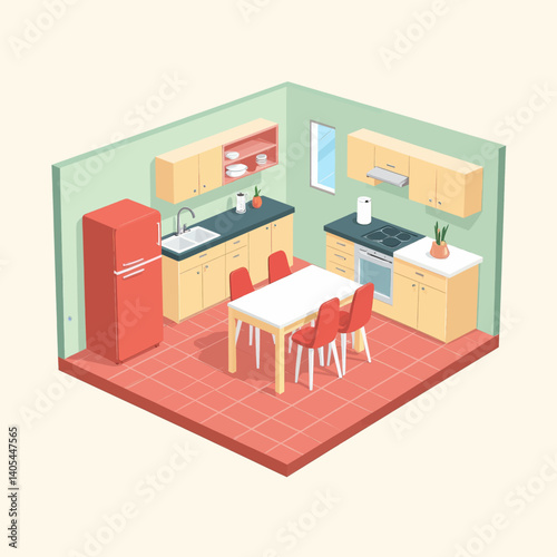 Isometric kitchen with red refrigerator and dining set