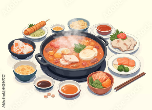 Korean Hot Pot Feast with Side Dishes and Chopsticks