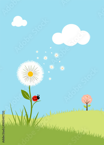 Ladybug on Dandelion with Blue Sky and Clouds
