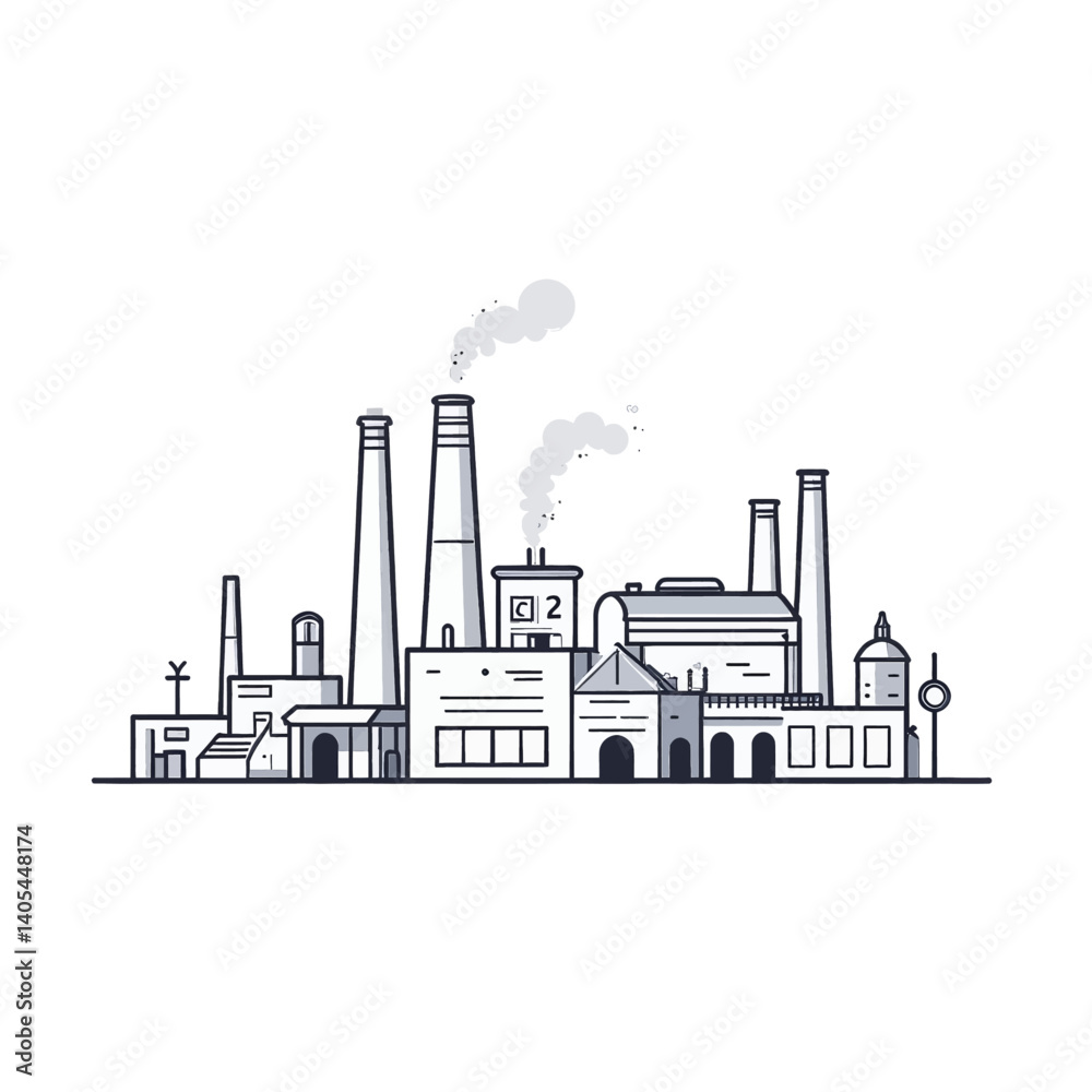Fototapeta premium Monochrome factory outline with smoking chimneys