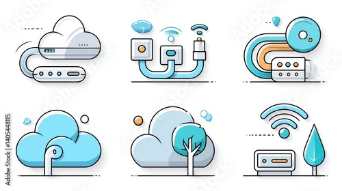 Network icon set concept. Networking components including a cloud based router and wireless devices