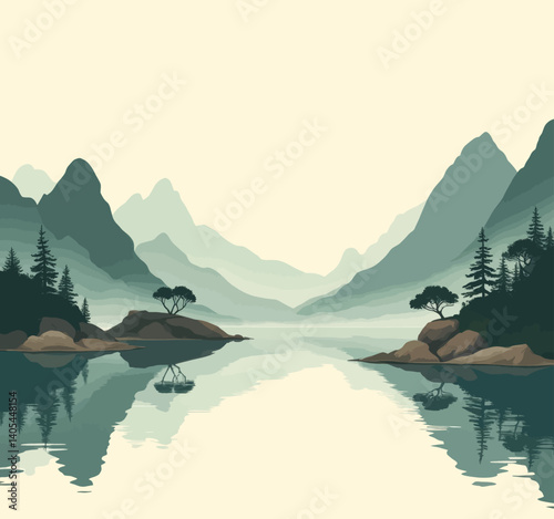 Misty mountain range reflecting on calm lake water