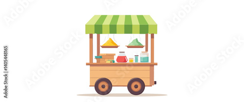 Mobile food cart with green striped awning and colorful drinks