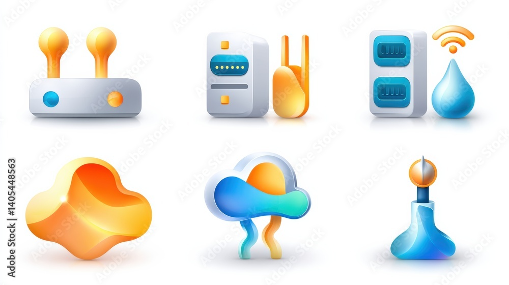 Network icon set concept. Set of six network technology icons including router and firewall