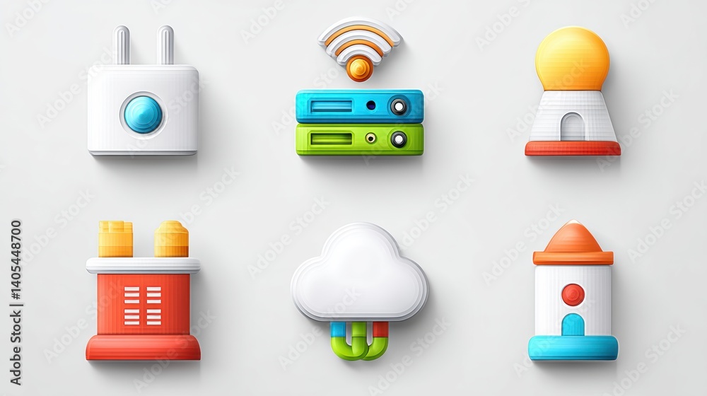 Network icon set concept. Six icons representing network systems including a router server and firewall