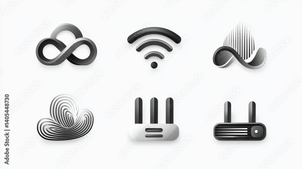 Network icon set concept. Six minimalist network icons representing cloud Wi Fi firewall and server