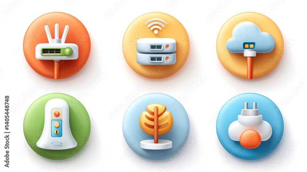 Network icon set concept. Six modern technology and connectivity icons
