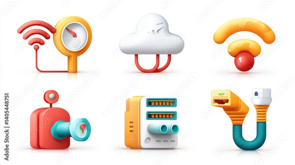 Network icon set concept. Sleek network icons depicting Wi Fi cloud server and firewall symbols