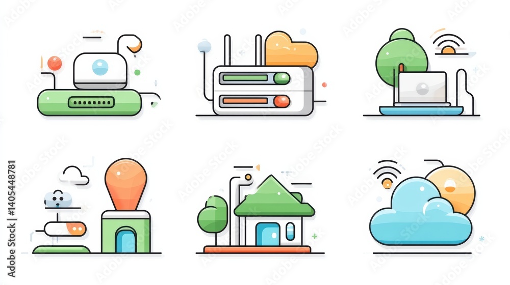 Network icon set concept. Stylized icons representing network technologies and connectivity