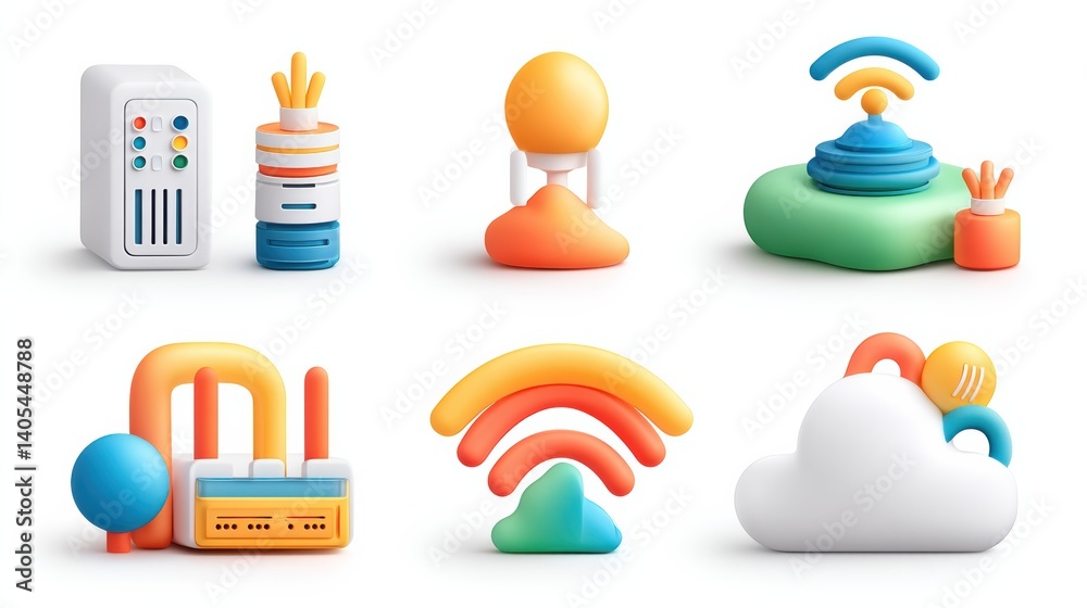 Network icon set concept. Stylized icons representing various network components and technologies