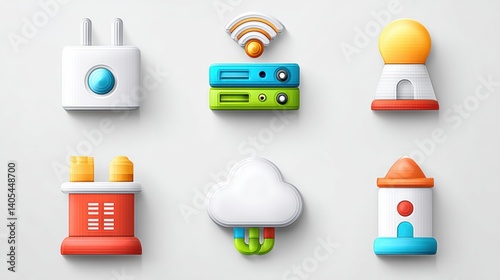 Obraz na płótnie Network icon set concept. Six icons representing network systems including a router server and firewall w salonie