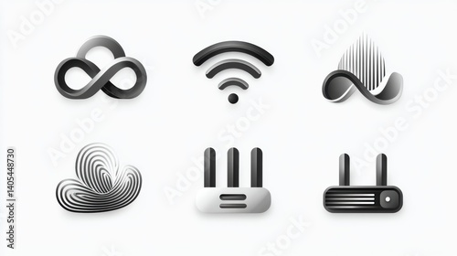 Obraz na płótnie Network icon set concept. Six minimalist network icons representing cloud Wi Fi firewall and server w salonie