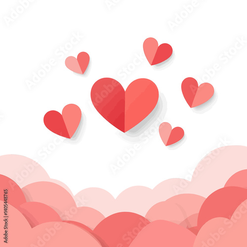 Paper-cut hearts with pink cloudscape background