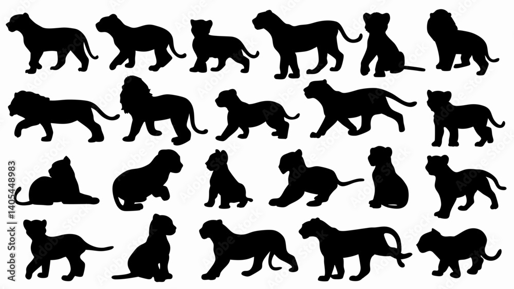 set of lion cub silhouette vector on white background set of lion cub silhouette vector on white background