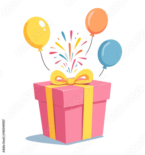 Pink gift box with balloons and colorful confetti explosion
