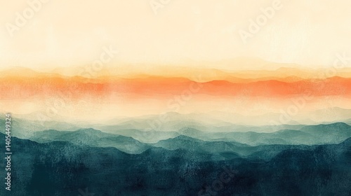 Serene watercolor mountain range at sunrise with orange and navy hues blending into the sky, evoking peace and quiet reflection in nature