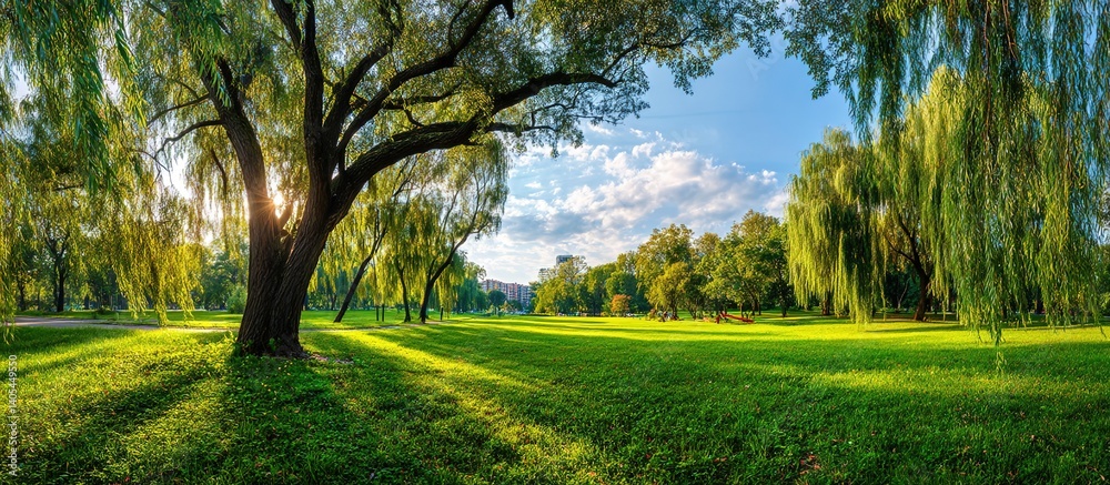 Fototapeta premium Panoramic view of manicured green lawn with weeping willows on the right, dense forest in background, clear blue sky with wispy clouds, sunlight casting soft shadows from upper left. 