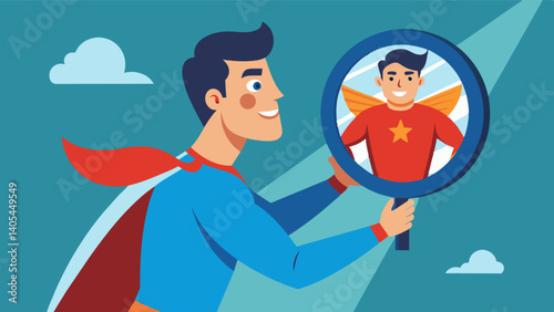A man holding a mirror and seeing his reflection as a comic book superhero with the caption You are strong and powerful just like a superhero.. Vector illustration