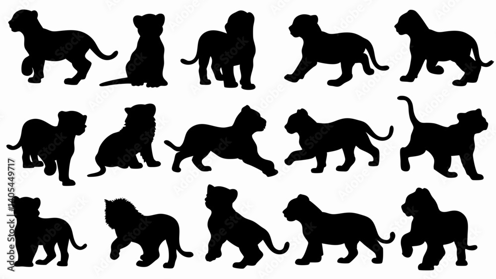 set of lion cub silhouette vector on white background set of lion cub silhouette vector on white background