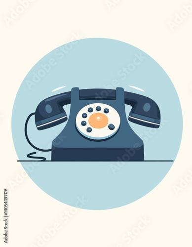 Retro blue rotary phone illustration on light blue circle