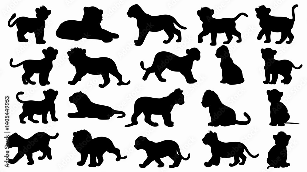 set of lion cub silhouette vector on white background set of lion cub silhouette vector on white background
