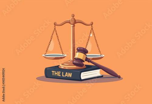 Scales of justice, gavel, and law book on orange background