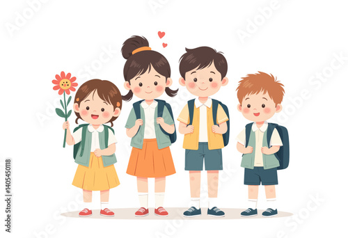 Smiling Cartoon School Children with Backpacks and Flower