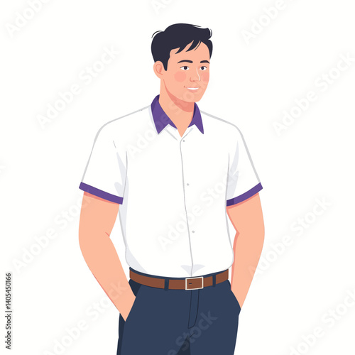 Smiling man in white shirt with purple trim, hands in pockets