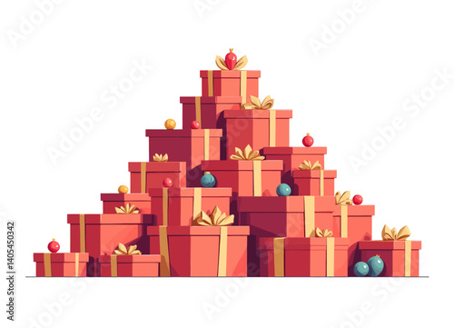 Stacked Red Gift Boxes with Ornaments and Gold Ribbons