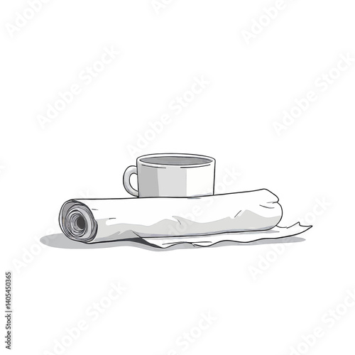 Stylized coffee cup on rolled paper illustration