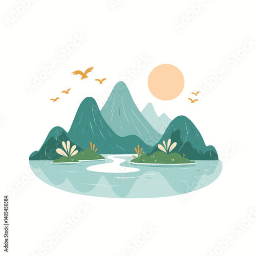 Teal mountain range with birds and sun illustration